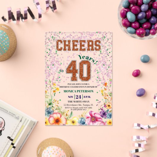 Pink Emerald Glitter Floral 40th Birthday Party Acryl Uitnodigingen (Insitu (Viering))