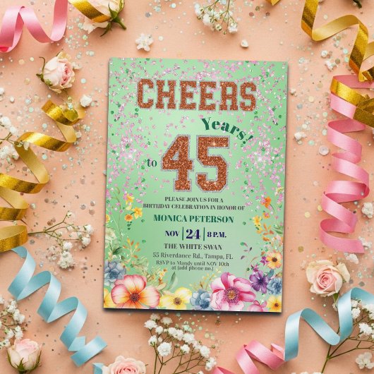 Pink Emerald Glitter Floral 45th Birthday Party Kaart