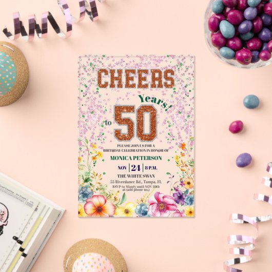 Pink Emerald Glitter Floral 50th Birthday Party Acryl Uitnodigingen (Insitu (Viering))