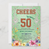 Pink Emerald Glitter Floral 50th Birthday Party Kaart (Voorkant)