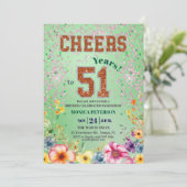 Pink Emerald Glitter Floral 51st Birthday Party Kaart (Staand voorkant)