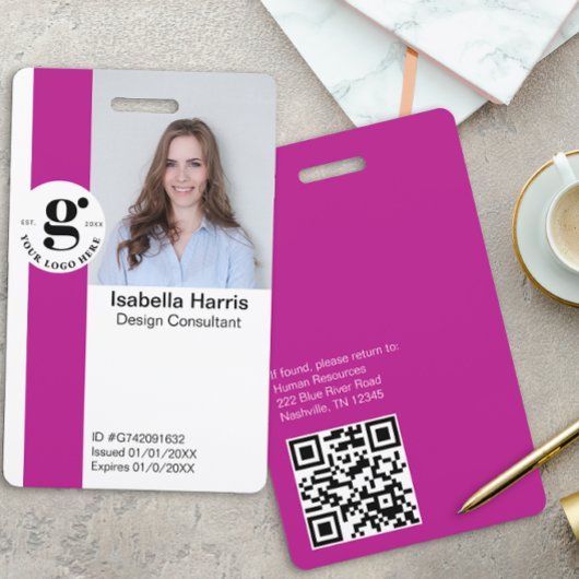 Pink Employee ID-badge met foto- en QR-code Badge