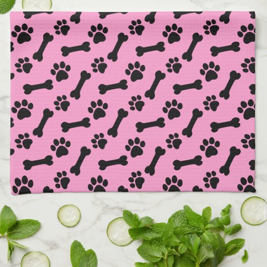 PINK en BLACK Dog Paws en Botten B06 Theedoek (Gevouwen)
