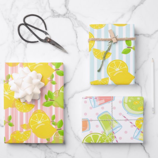 PINK- EN BLAUWE STRIPES MET LEMONS EN LIMES INPAKPAPIER VEL (Voorkant)