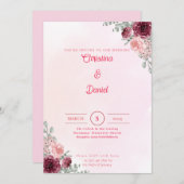 Pink en Bourgogne Floral Wedding Invitations Kaart (Voorkant / Achterkant)