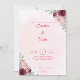 Pink en Bourgogne Floral Wedding Invitations Kaart