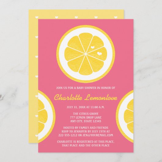 PINK EN GEEL LEMON THEMEED BABY SHOWER KAART (Voorkant / Achterkant)