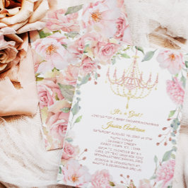 Pink en Gold Chandelier Floral Roos Baby shower Kaart