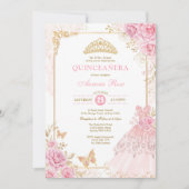 Pink en Gold Floral Crown Princess Quinceañera Kaart (Voorkant)