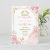 Pink en Gold Floral Crown Princess Quinceañera Kaart (Staand voorkant)