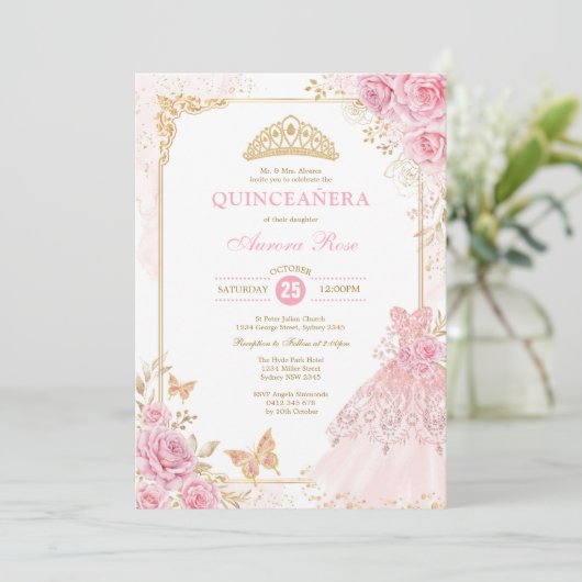 Pink en Gold Floral Crown Princess Quinceañera Kaart (Staand voorkant)