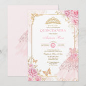 Pink en Gold Floral Crown Princess Quinceañera Kaart (Voorkant / Achterkant)