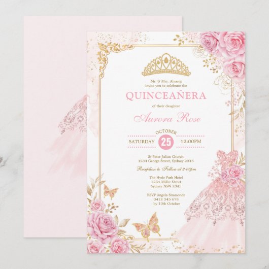 Pink en Gold Floral Crown Princess Quinceañera Kaart (Voorkant / Achterkant)