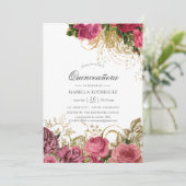 Pink en Gold  Floral Quinceañera Kaart (Staand voorkant)