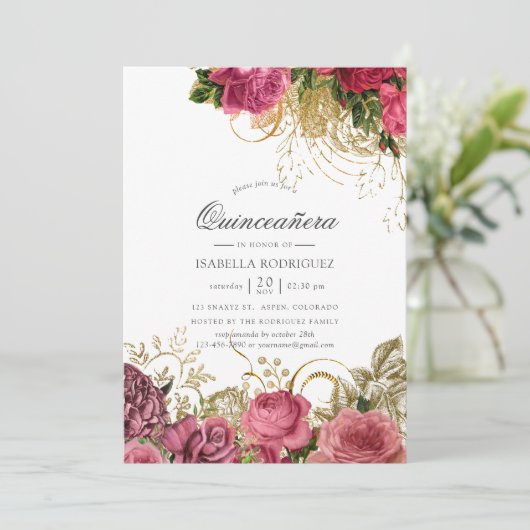 Pink en Gold  Floral Quinceañera Kaart (Staand voorkant)