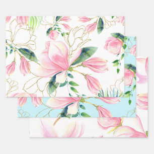 Pink en Gold Magnolia Floral Waterverf Inpakpapier Vel