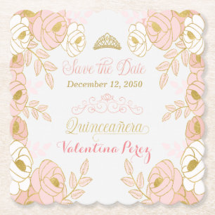 PInk en Goud Bloemen Quinceanera Save the Date Kartonnen Onderzetters