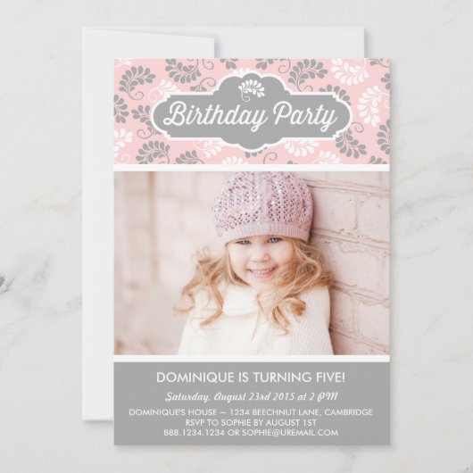 PINK EN GRAY FLORAL PATTERN BIRTHDAY INVITATION KAART (Voorkant)