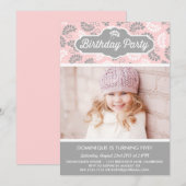 PINK EN GRAY FLORAL PATTERN BIRTHDAY INVITATION KAART (Voorkant / Achterkant)