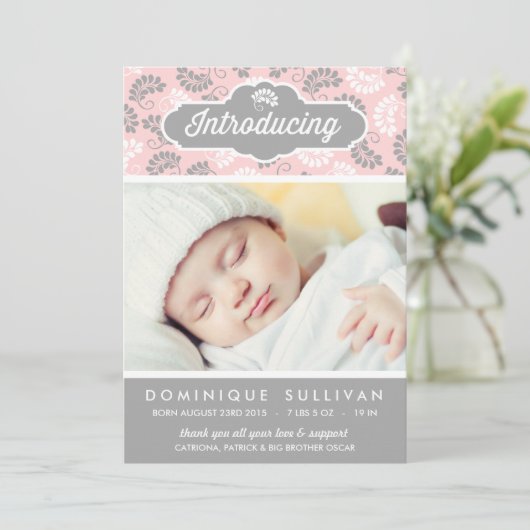 PINK EN GRAY FLORAL PATTERN | GEBOORTEAANKONDIGING AANKONDIGING (Staand voorkant)
