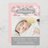 PINK EN GRAY FLORAL PATTERN | GEBOORTEAANKONDIGING AANKONDIGING (Voorkant / Achterkant)