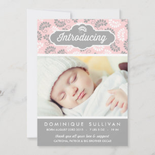 PINK EN GRAY FLORAL PATTERN GEBOORTEAANKONDIGING AANKONDIGING