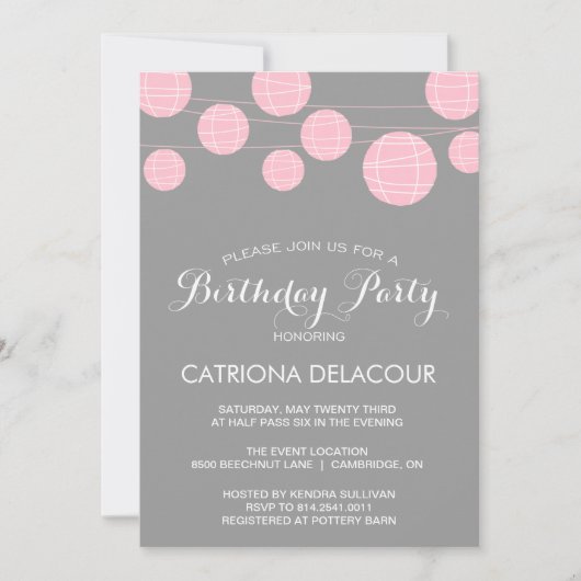 PINK EN GRAY LANTERNS BIRTHDAY ARTIJ INVITATIE KAART (Voorkant)