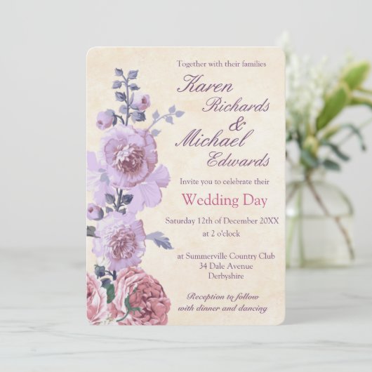 Pink en Lila Waterverf Floral Wedding Kaart (Staand voorkant)