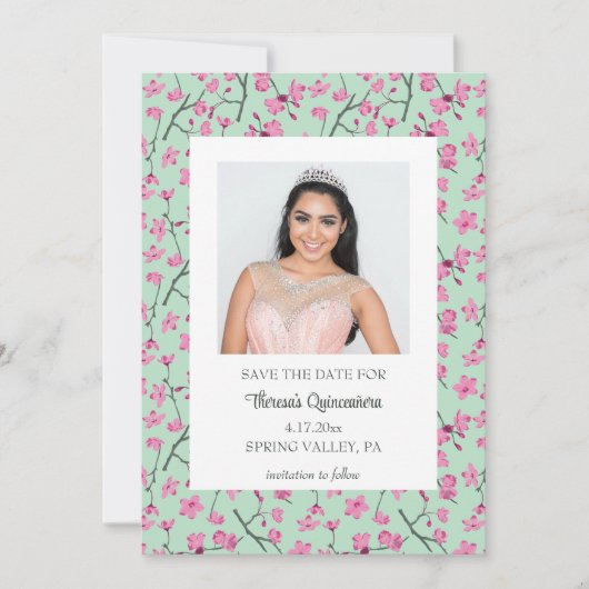 Pink en Mint Green Cherry Blossom Save the Date Kaart (Voorkant)