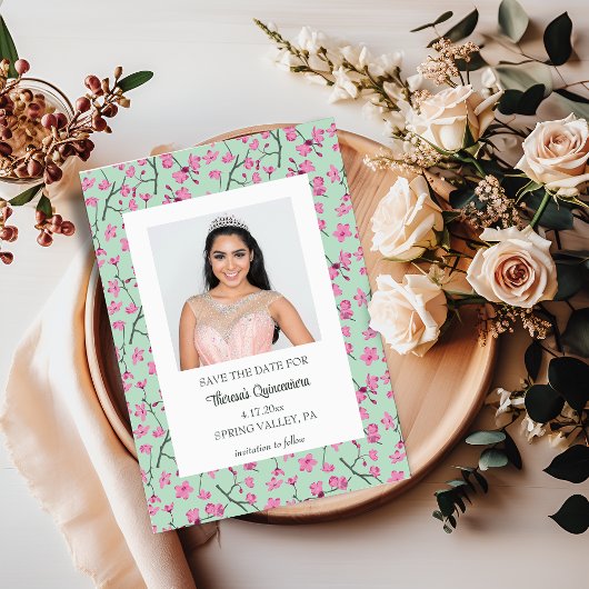 Pink en Mint Green Cherry Blossom Save the Date Kaart