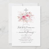 Pink en Roos Gold Floral Eerste Heilige Communie Kaart (Voorkant)