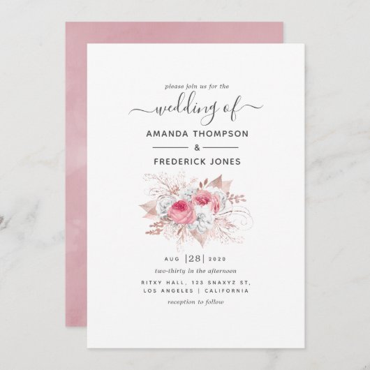 Pink en Roos Gold Floral Wedding Kaart (Voorkant / Achterkant)