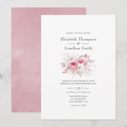 Pink en Roos Gold Floral Wedding Kaart (Voorkant / Achterkant)