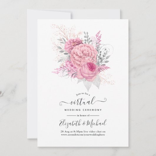 Pink en Silver Floral en Lace Virtual Wedding Kaart (Voorkant)