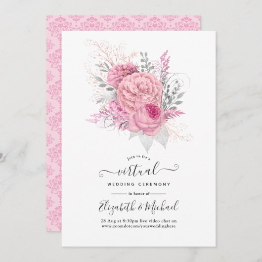 Pink en Silver Floral en Lace Virtual Wedding Kaart (Voorkant / Achterkant)