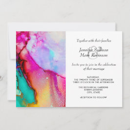 Pink en Turquoise Abstracte Waterverf Wedding Kaart