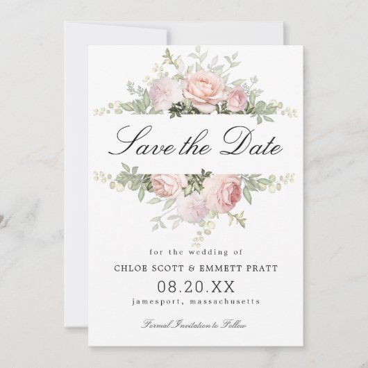 Pink en White Floral Wedding Save The Date (Voorkant)