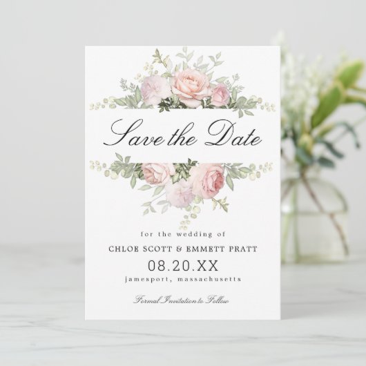 Pink en White Floral Wedding Save The Date (Staand voorkant)