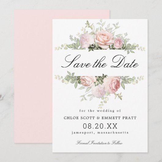 Pink en White Floral Wedding Save The Date (Voorkant / Achterkant)