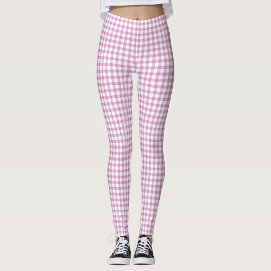 Pink en White Gingham Checks Pattern Leggings (Voorkant)