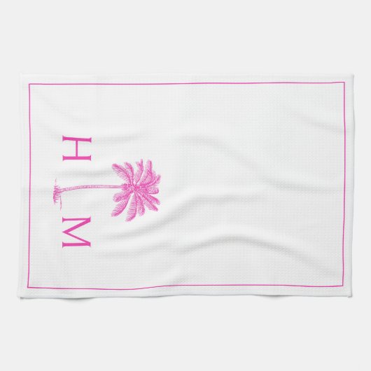 PInk en witte palmboom Monogram Theedoek (Horizontaal)