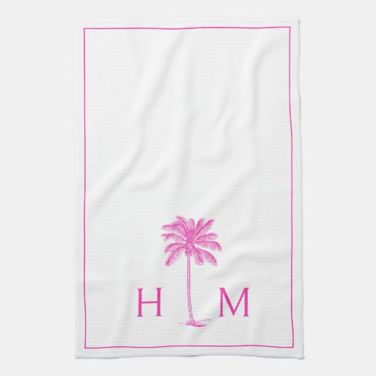 PInk en witte palmboom Monogram Theedoek (Verticaal)