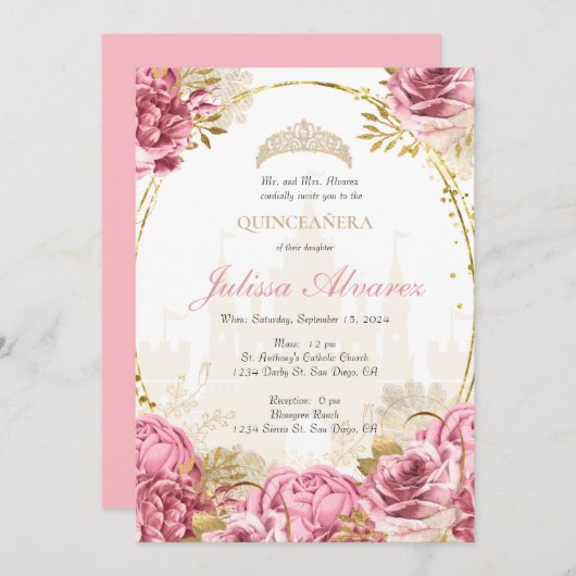 Pink Enchanted Fairytale Quinceanera Uitnodiging (Voorkant / Achterkant)