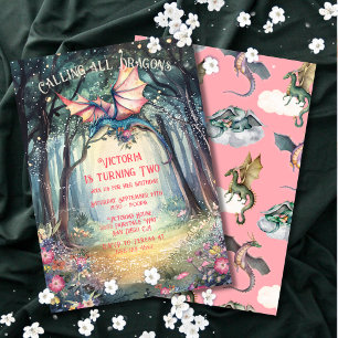 Pink Enchanted Woodland Forest Dragon Verjaardag Kaart