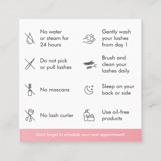 Pink Eyelash Extension Nazorg Instructie Vierkante Visitekaartje (Achterkant)