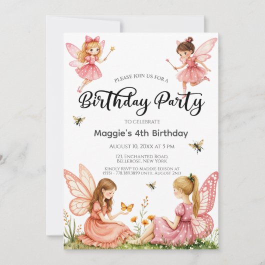 Pink Fairies Woodland 4e verjaardag Kaart (Voorkant)