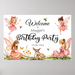 Pink Fairies Woodland Deer Verjaardagsfeest Welkom Poster