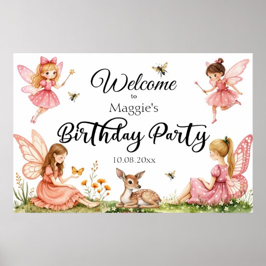 Pink Fairies Woodland Deer Verjaardagsfeest Welkom Poster (Voorkant)