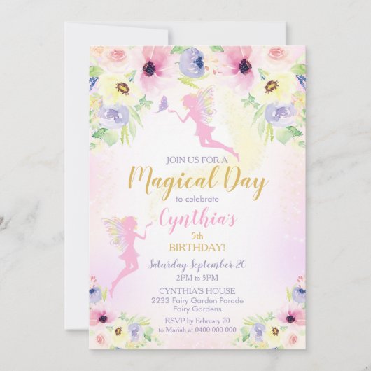 Pink Fairy Birthday Invitation Fairy Garden Kaart (Voorkant)
