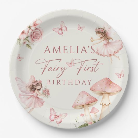 Pink Fairy First Birthday Party Paper Plates Papieren Bordje (Voorkant)